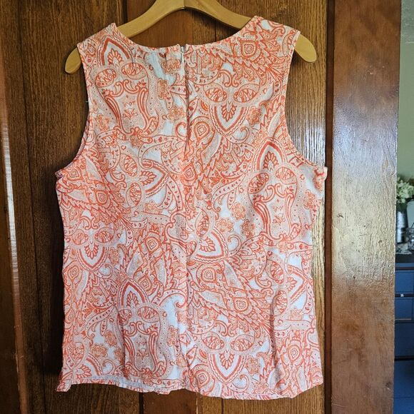 Harper 241 Sleeveless Linen Keyhole Tunic L | Orange & White Print Beach Top - Picture 2 of 6